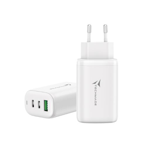 CARICABATTERIA RAPIDO 65W GAN 3 PORTE (2USB-C USB-A) TECHMADE TM-P937-WH