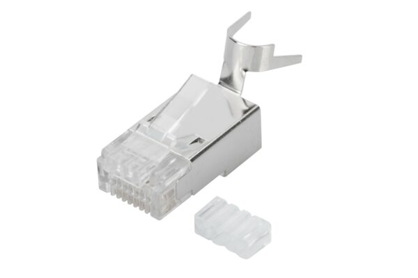 CONNETTORE PLUG 8 POLI SCHERMATO CAT.6A RJ45 CON INSERITORE PER CAVO RETE SOLIDO