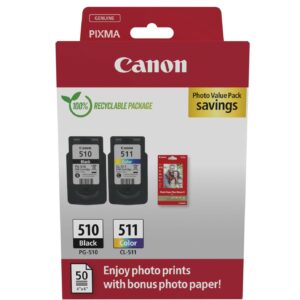 Canon PG-510/CL-511 Confezione multipla da 2 cartucce d'inchiostro originali + 50 fogli di carta fotografica - 2970B017