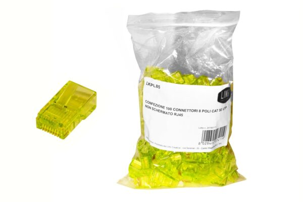 Confezione 100 Connettori 8 Poli Cat 5E Utp Non Schermato Rj45 Giallo Per Cavo Flessibile