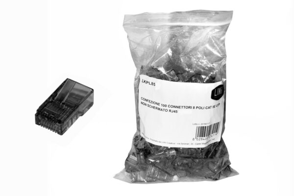 Confezione 100 Connettori 8 Poli Cat 5E Utp Non Schermato Rj45 Nero Per Cavo Flessibile