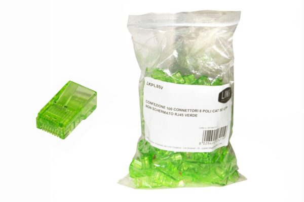 Confezione 100 Connettori 8 Poli Cat 5E Utp Non Schermato Rj45 Verde Per Cavo Flessibile