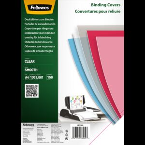 Confezione da 100 Copertine Fellowes in Polietilene Trasparente per Documenti A4 - Spessore 150 Micron - Utilizzabili con Macchine a Spirale o Rilegatrici