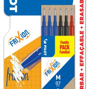 Confezione pilot da 6 ricariche per Frixion Ball e Frixion Clicker - Punta a sfera rotonda 0,7 mm - Corsa 0,4 mm - Colori: 3 blu, 2 neri e 1 rosso