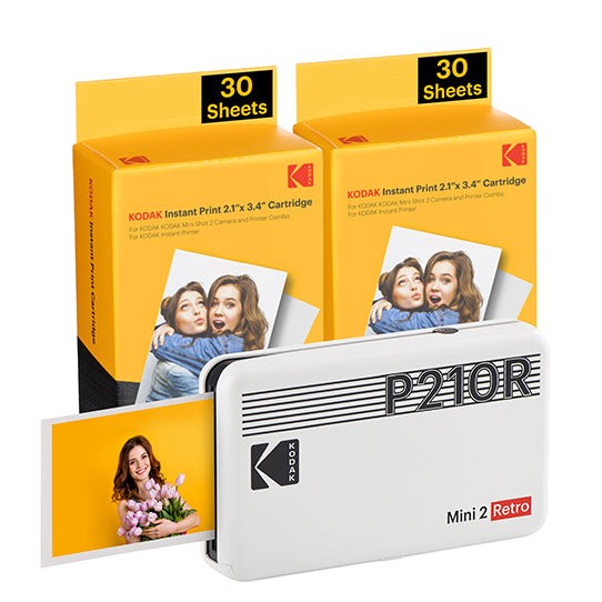 Confezione stampante fotografica portatile Kodak Mini 2 Retro Bluetooth + 60 fogli di carta fotografica - Formato stampa 5,3x8,6 cm - Alimentazione a batteria - Colore bianco