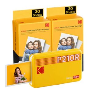 Confezione stampante fotografica portatile Kodak Mini 2 Retro Bluetooth + 60 fogli di carta fotografica - Formato stampa 5,3x8,6 cm - Alimentazione a batteria - Colore giallo