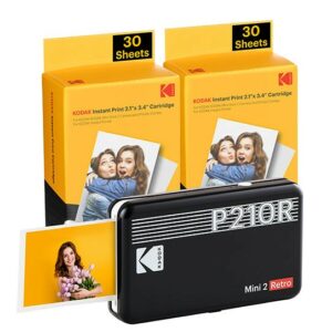 Confezione stampante fotografica portatile Kodak Mini 2 Retro Bluetooth + 60 fogli di carta fotografica - Formato stampa 5,3x8,6 cm - Alimentazione a batteria - Colore nero