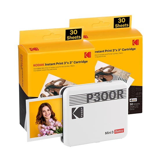 Confezione stampante fotografica portatile Kodak Mini 3 Retro Bluetooth + 60 fogli di carta fotografica - Formato stampa 7,62x7,62 cm - Alimentazione a batteria - Colore bianco