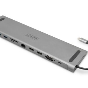 Digitus Dock Usb-C 11 Porte, Grigio, 2X Hdmi, Vga Usb-C, 3X Usb-A, Rj45, 1X 3,5Mm, Sd/Microsd