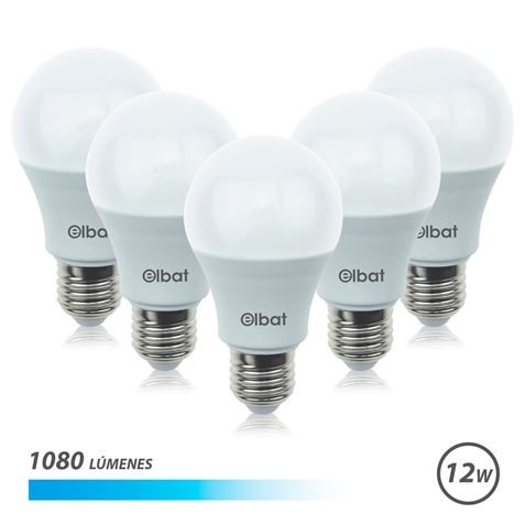 Elbat Pack 5 Unità - Potenza 12W - Lumen 1080 - Tipo Luce Luce Fredda 6500K - Attacco E27 - Angolo 220º - Dimensioni 60X120mm - 30.000 Ore di Vita - 15.000 Accensioni