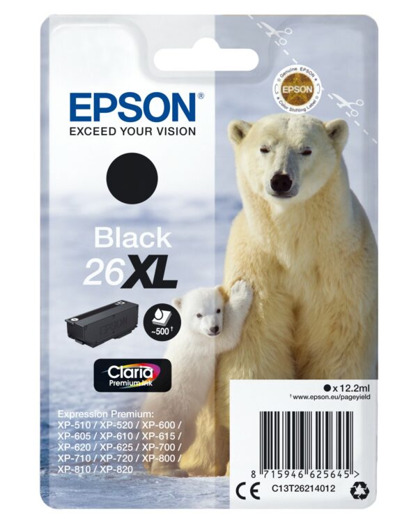 ORIGINALE Epson Cartuccia d'inchiostro nero C13T26214012 26 XL 500 pagine 12,1ml Cartuccie d?inchiostro XL