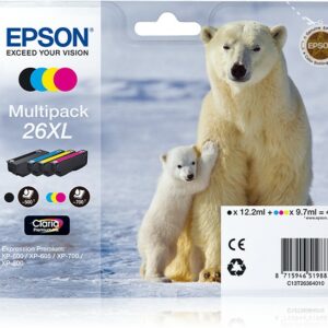 Originale Epson Cart Ink Multipack Per Xp-600/605/700/800 Serie 26Xl/Orso Polare (T262140 + T263240 + T263340 + T263440)