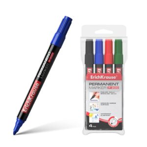 Erichkrause Confezione da 4 Pennarelli Indelebili P-200 - Punta a forma di proiettile - Resistente ai danni e all'abrasione - Larghezza di scrittura da 0,8 a 2,2 mm - Nero, Blu, Verde, Rosso