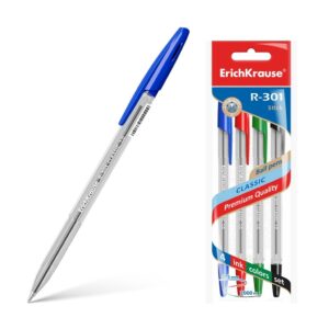 Erichkrause Confezione da 4 penne a sfera R-301 Classic Stick 1.0 - Corpo esagonale trasparente - Punta da 1,0 mm - Inchiostro ad asciugatura rapida - Colore blu