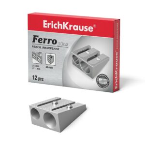 Erichkrause Ferro Plus - Temperamatite doppio in alluminio - Impugnatura ergonomica - Due fori da 8 mm e 11 mm - Lama in acciaio al carbonio a forma di spirale - Colore argento