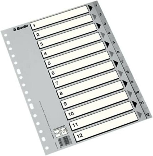 Esselte Busta da 50 Indici Numerici in Plastica - Schede da 1 a 12 - Multiforo - Formato A4 - Colore Grigio