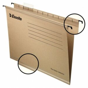 Esselte Cartelle sospese rinforzate Classic Folio - Scatola da 50 - 10 volte più resistenti - Visori in plastica trasparente - Etichette bianche - Cartone Kraft riciclato al 100% - Naturale