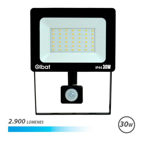 Faretto LED Elbat con Sensore di Movimento - Potenza: 30W - Lumen: 2900 - Luce Fredda 6.500K - Vita utile: 30.000 - 50.000 ore - Angolo 120º - Protezione IP44 - Distanza di rilevamento: da 5 a 12 metri