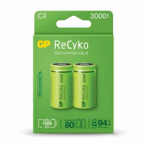 GP ReCyko Confezione da 2 batterie ricaricabili 3000mAh C 1.2V - Pre-caricate - Ciclo di vita: fino a 1000 volte