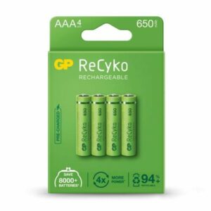 GP ReCyko Confezione da 4 batterie ricaricabili 650mAh AAA 1.2V - Pre-caricate - Realizzate con oltre il 10% di materiali riciclati