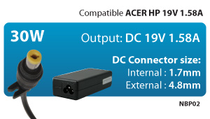 HANTOL ALIMENTATORE 30 W COMPATIBILE CON ACER HP 19V 1.58A PLUG 1.7/ 4,8 mm NBP02