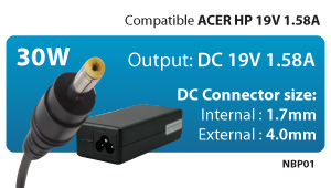 HANTOL ALIMENTATORE 30 W COMPATIBILE CON ACER HP 19V 1.58A PLUG 1.7/4,0 mm NBP01