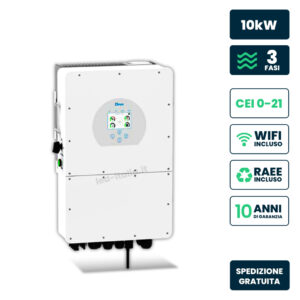 Inverter Fotovoltaico Deye Trifase Ibrido ALTA TENSIONE On-Grid/Off-Grid 10kW CEI 0-21, Schermo LCD Touch a Colori, Smart Meter Integrato, WiFi e TA, Garanzia 10 Anni IP65