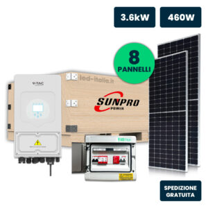 KIT Fotovoltaico Monofase 3kW con Inverter Ibrido, 8 Moduli SUNPRO TIER1 460W Silver Frame, Quadro Combinato 1-1 AC-DC 3kW senza Accumulo