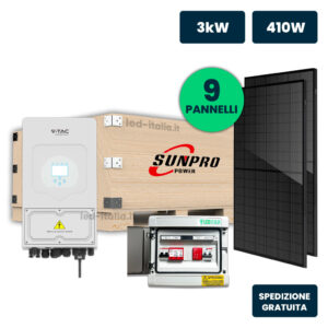 KIT Fotovoltaico Monofase 3kW con Inverter Ibrido, 9 Moduli SUNPRO TIER-1 410W Full Black, Quadro Combinato 1-1 AC-DC 3kW senza Accumulo