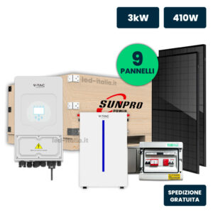 KIT Fotovoltaico Monofase 3kW con Inverter Ibrido, 9 Moduli SUNPRO TIER1 410W Full Black con Accumulo LFP 6kWh e Quadro Combinato 1-1 AC-DC 3kW