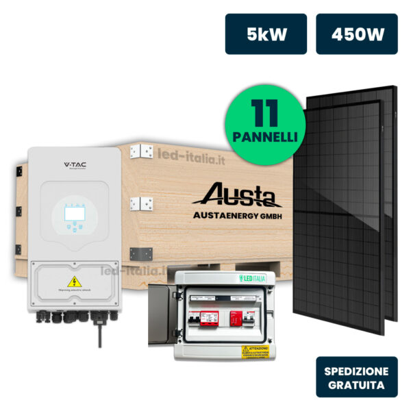 KIT Fotovoltaico Monofase 5kW con Inverter Ibrido, 11 Moduli AUSTA 450W Full Black, Quadro Combinato 1-1 AC-DC 5kW senza Accumulo