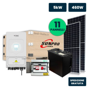 KIT Fotovoltaico Monofase 5kW con Inverter Ibrido, 11 Moduli SUNPRO TIER1 460W Silver Frame con Accumulo LFP 10kWh e Quadro Combinato 1-1 AC-DC 5kW