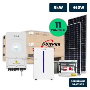 KIT Fotovoltaico Monofase 5kW con Inverter Ibrido, 11 Moduli SUNPRO TIER1 460W Silver Frame con Accumulo LFP 6kWh e Quadro Combinato 1-1 AC-DC 5kW