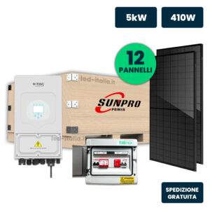 KIT Fotovoltaico Monofase 5kW con Inverter Ibrido, 12 Moduli SUNPRO TIER-1 410W Full Black, Quadro Combinato 1-1 AC-DC 5kW senza Accumulo