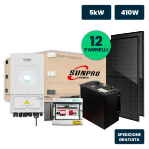 KIT Fotovoltaico Monofase 5kW con Inverter Ibrido, 12 Moduli SUNPRO TIER1 410W Full Black con Accumulo LFP 10kWh e Quadro Combinato 1-1 AC-DC 5kW