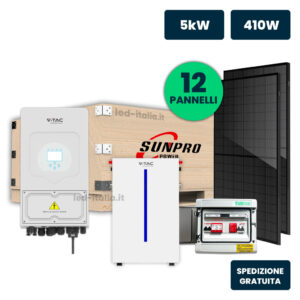 KIT Fotovoltaico Monofase 5kW con Inverter Ibrido, 12 Moduli SUNPRO TIER-1 410W Full Black con Accumulo LFP 6kWh e Quadro Combinato 1-1 AC-DC 5kW