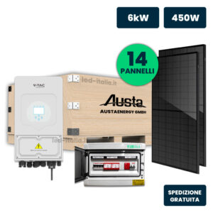 KIT Fotovoltaico Monofase 6kW con Inverter Ibrido, 14 Moduli AUSTA 450W Full Black, Quadro Combinato 2-2 AC-DC 6kW senza Accumulo