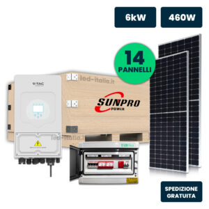 KIT Fotovoltaico Monofase 6kW con Inverter Ibrido, 14 Moduli SUNPRO TIER1 460W Silver Frame, Quadro Combinato 2-2 AC-DC 6kW senza Accumulo