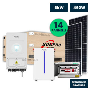 KIT Fotovoltaico Monofase 6kW con Inverter Ibrido, 14 Moduli SUNPRO TIER1 460W Silver Frame con Accumulo LFP 6kWh e Quadro Combinato 2-2 AC-DC 6kW