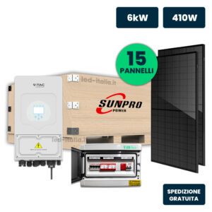 KIT Fotovoltaico Monofase 6kW con Inverter Ibrido, 15 Moduli SUNPRO TIER-1 410W Full Black, Quadro Combinato 2-2 AC-DC 6kW senza Accumulo