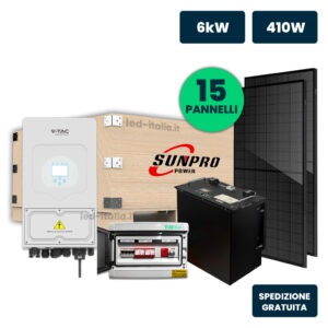 KIT Fotovoltaico Monofase 6kW con Inverter Ibrido, 15 Moduli SUNPRO TIER-1 410W Full Black con Accumulo LFP 10kWh e Quadro Combinato 2-2 AC-DC 6kW