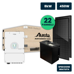 KIT Fotovoltaico Monofase 8kW per Impianti ad Isola con Inverter Ibrido, 22 Moduli AUSTA 450W Full Black  con Accmulo LFP 10kWh