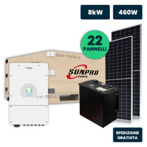 KIT Fotovoltaico Monofase 8kW per Impianti ad Isola con Inverter Ibrido, 22 Moduli SUNPRO TIER1 460W Silver Frame  con Accmulo LFP 10kWh