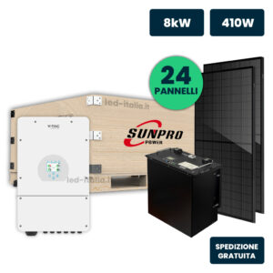 KIT Fotovoltaico Monofase 8kW per Impianti ad Isola con Inverter Ibrido, 24 Moduli SUNPRO TIER-1 410W Full Black con Accmulo LFP 10kWh