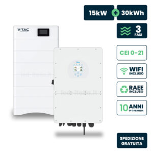 Kit Fotovoltaico Alta Tensione Inverter Ibrido Trifase Deye 15kW con Batteria di Accumulo LFP 30kWh, BMS, Smart Meter, TA, WIFI, CEI-021, IP65 Garanzia 10 Anni