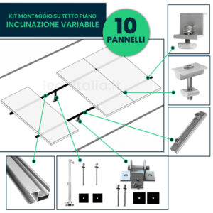 Kit Struttura in Alluminio per montaggio 10 Pannelli Fotovoltaici 35mm per installazione su Tetto Piano con Inclinazione Variabile