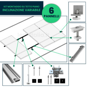 Kit Struttura in Alluminio per montaggio 6 Pannelli Fotovoltaici 35mm per installazione su Tetto Piano con Inclinazione Variabile