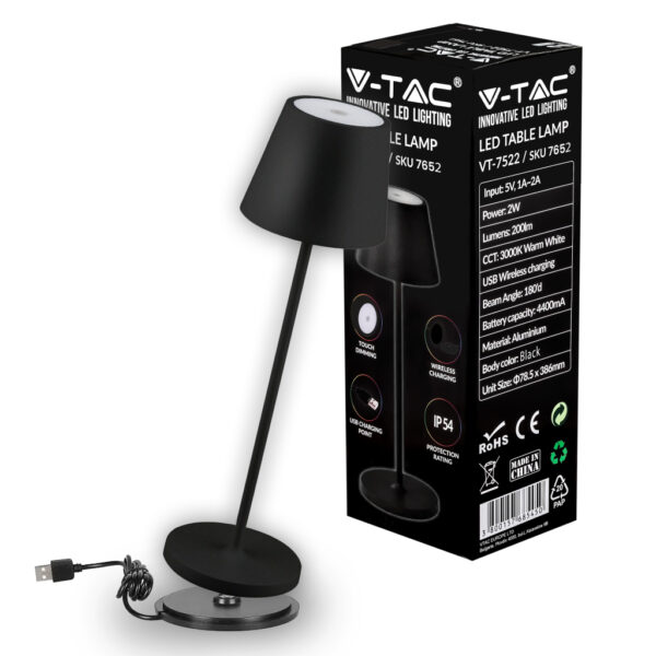 LED 2W Table Lamp (4400mA Battery) Wireless Charging 3000K IP54 Dimmable Black Body