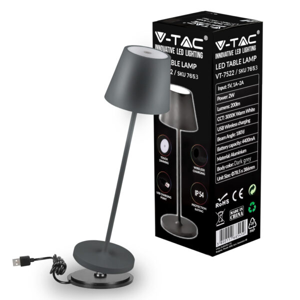 LED 2W Table Lamp (4400mA Battery) Wireless Charging 3000K IP54 Dimmable Grey Body