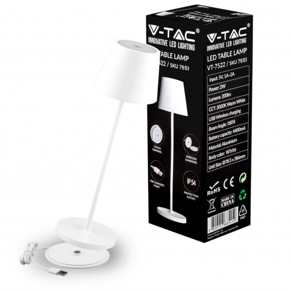 LED 2W Table Lamp (4400mA Battery) Wireless Charging 3000K IP54 Dimmable White Body